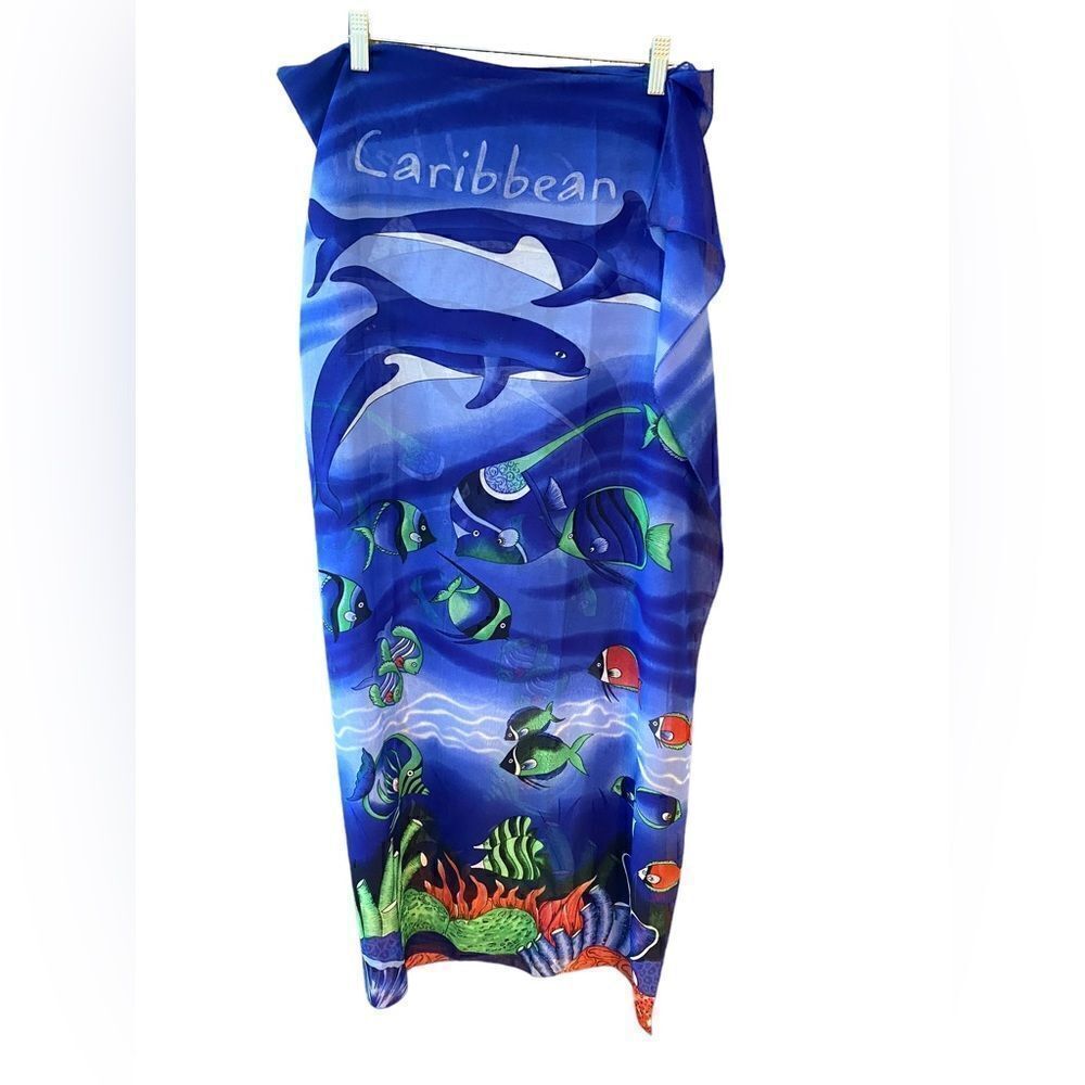Rima Tropical Royal Blue Caribbean Hand Painted Ocean Fish Dolphin Sarong Scarf